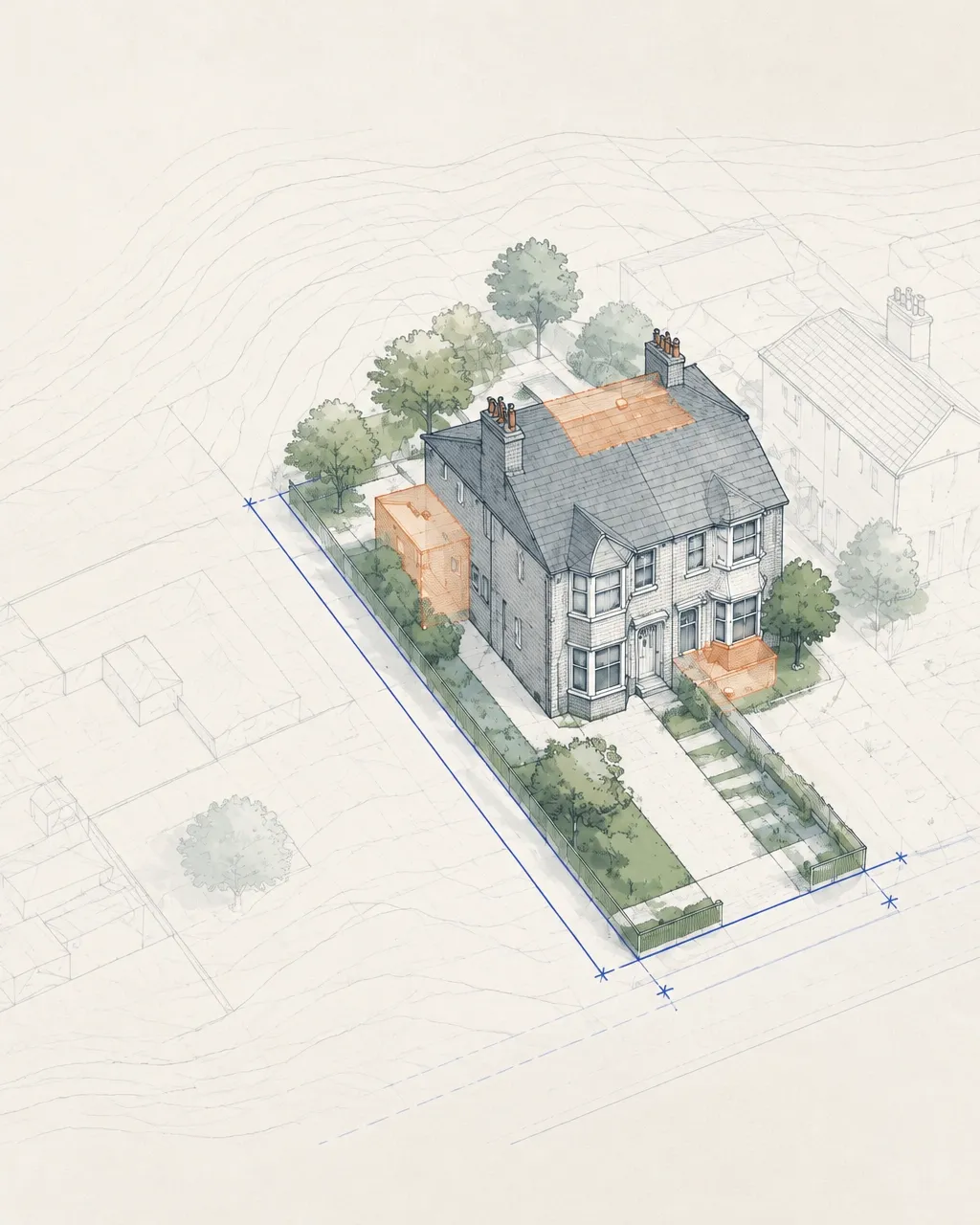 Architectural plot illustration of a semi-detached home with measured boundaries and potential extension areas